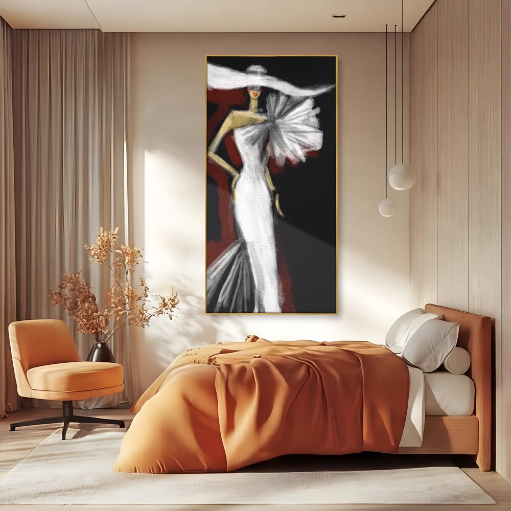 Tablou canvas cu ilustratie cu manechin in rochie alba, in rama de aluminiu auriu, pe perete intr-un dormitor